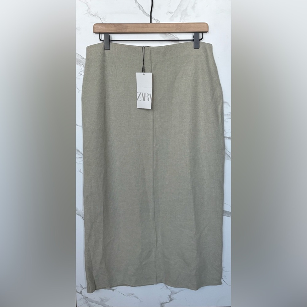 Zara Soft Knit Ribbed Midi Pencil Skirt - Sage Green